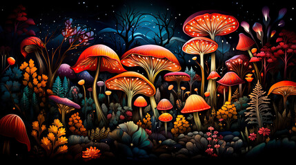 Unleash your creativity with this mesmerizing illustration of magical mushrooms in a fairy-tale forest. AI generated