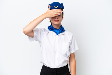 Airplane stewardess caucasian woman isolated on white background covering eyes by hands. Do not want to see something