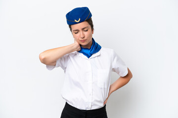 Airplane stewardess caucasian woman isolated on white background with neckache