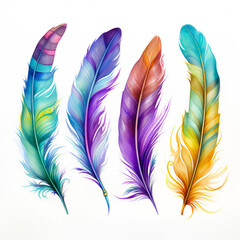Colorful feathers collection isolated on white background, Generative AI