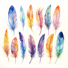 Colorful feathers collection isolated on white background, Generative AI