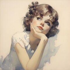 Little white girl in thinking and doubts vintage illustration. Young woman character with dreamy face on abstract background. Ai generated bright retro poster.