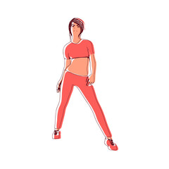 Standing woman. Sport girl illustration. Casual sportwear - t-shirt, breeches and sneakers. Young woman wearing workout clothes. Sport fashion girl outline in urban casual style.