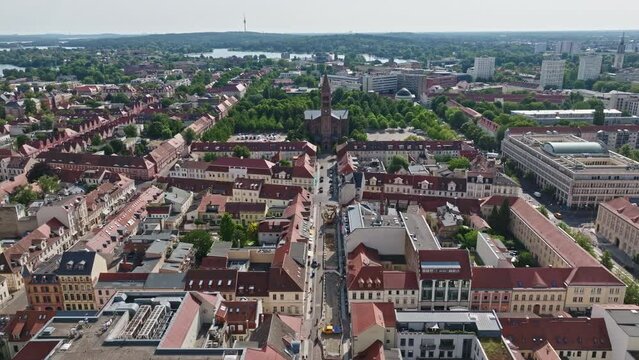Aerial Drone shot of Catholic Parish Church of St. Peter and Paul ( Katholische Pfarrkirche St. Peter und Paul ) in Potsdam , Germany