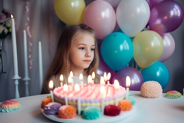 Fototapeta na wymiar Portrait of a happy girl with birthday cake, many colorful baloons in background