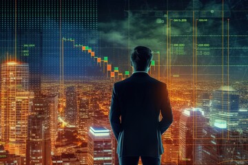Back view of businessman watching at digital interface with financial graph, bar diagram and forex candlesticks.