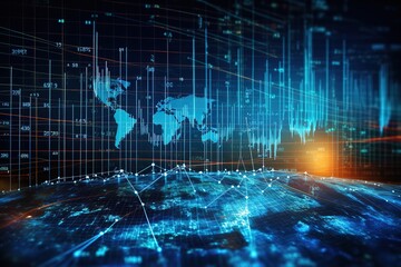 Economy background with abstract stock market graph, tickers, financial data and blue world map. Wallpaper for global economy and financial news.