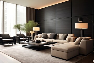 Luxurious living room with wall textures and paintings, carpets and nature inspiring details. Modern, fabulous and sleek living room design