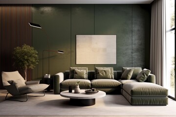 Luxurious living room with wall textures and paintings, carpets and nature inspiring details. Modern, fabulous and sleek living room design