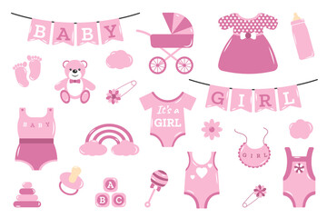 Vector baby shower collection for girl with cute elements. Perfect for birthday, kids party, clothing prints, greeting cards.