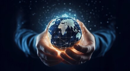 Close up of businessman holding digital globe in palms on dark background.