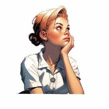 Little white girl in thinking and doubts vintage illustration. Young woman character with dreamy face on abstract background. Ai generated bright retro poster.