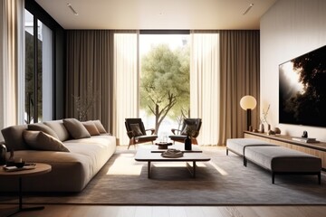 Luxurious living room with wall textures, carpets and nature inspiring details. Modern, fabulous and sleek living room design, led lights and wall paintings
