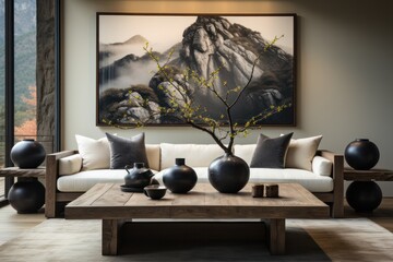 Luxurious living room with wall textures, carpets and nature inspiring details. Modern, fabulous and sleek living room design, led lights and wall paintings