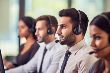 Group of customer support operators working in call center.