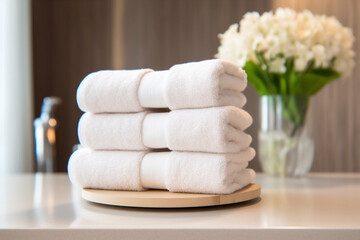 Fototapeta na wymiar space table white home shower towel interior bathroom soft background room. Generative AI.