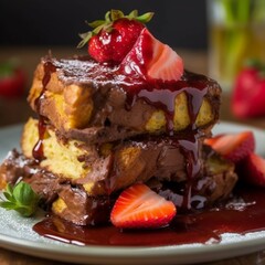 Belgian waffles with strawberries and chocolate syrup. Selective focus