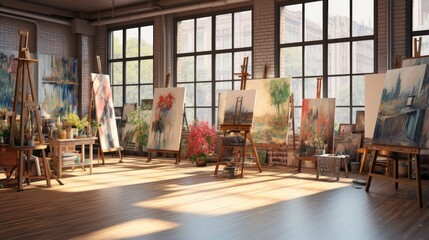 An artist's loft with large windows and completed paintings on easels. Generative AI - obrazy, fototapety, plakaty