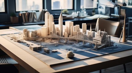 Desk with architectural blueprints and 3D printed model buildings. Generative AI