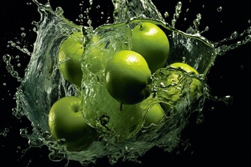  Green apple with water splash on green background. 3d illustration
