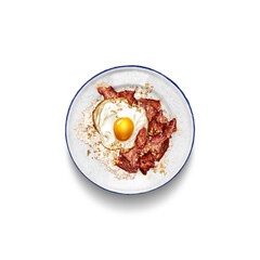 Tocilog / Tosilog : an all-time favorite Filipino breakfast; a delectable ensemble of sweet style fried pork, garlic fried rice, and a perfectly fried sunny side-up egg.