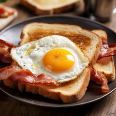 Breakfast with fried eggs, bacon and toasts on wooden board