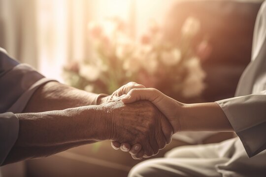 Senior patient is holding caregiver for a hand while spending time together. Closeup.