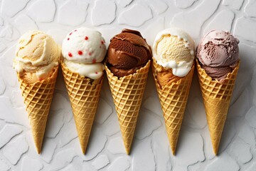Colorful ice cream scoops in waffle cones on white marble background