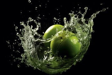  Green apple with water splash on green background. 3d illustration.