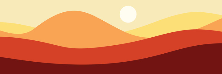 Vector colorful illustration of a sunset in the mountains. Horizontal banner template. Abstract nature.