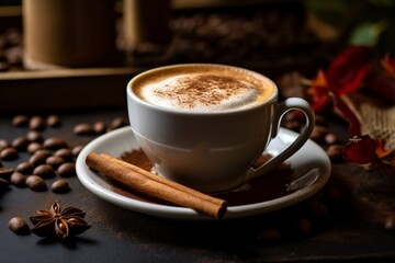 Cup of coffee with latte art on wooden table in cafe