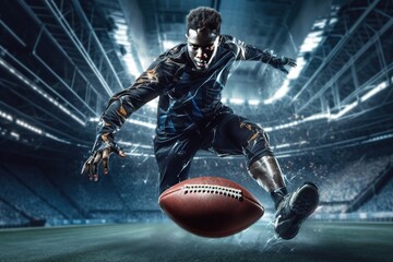 American football player in action on crowded stadium.