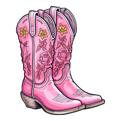 Pink cowboy cowgirl boots in western southwestern style, cowgirl illustration.