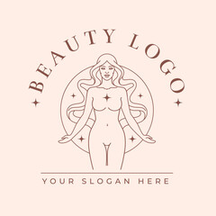 Beautiful woman with long hair logo. Antique Retro style Greek goddess sign. Elegant female face and naked body monochrome hand drawn magical emblem.