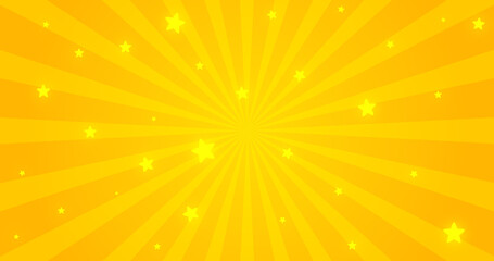 Abstract yellow orange pattern. Cartoon spiral. Children design style. Dynamic retro pop art texture. Moving lines on round. Sunny summer kid funny banner. Autumn falling background. Little stars