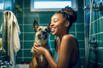 Cut dog is taking a shower at home. Happy young smiling african american woman hugs dog at bathroom. Dog grooming