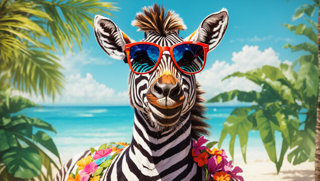 A vibrant portrait of a zebra wearing stylish sunglasses, enjoying a summer, Generative Ai