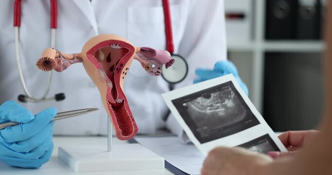 The doctor shows the anatomical model of the uterus close-up. Gynecology, treatment and diagnostics in the medical center