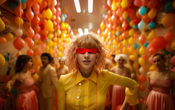 People in the nightclub, the woman wears a red blindfold, colorful balloons background