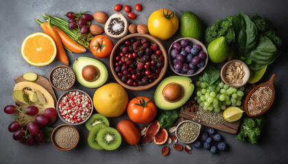 Different vegetables, seeds and fruits on grey table, flat lay. Healthy diet, Generative Ai