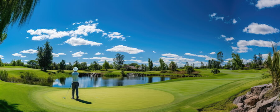A day at a resort golf course, nice weather, beautiful course layout.  Golfer walking on to the green. Blurred human motion. Hand edited Generative AI.
