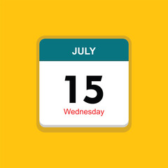 wednesday 15 july icon with yellow background, calender icon