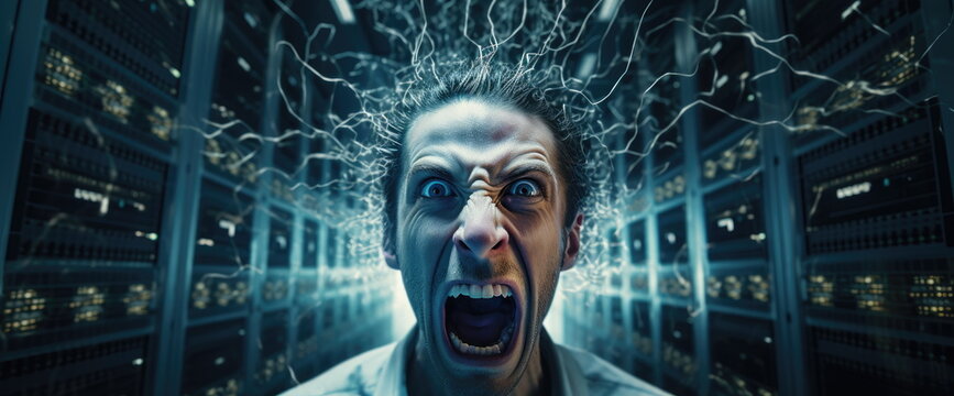 angry It engineer. It troubles causing rage. Wide format. Hand edited generative AI. 