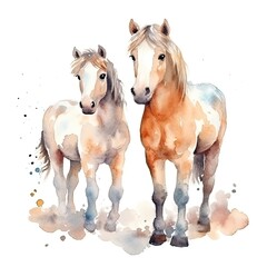 Two young horses on a white background. Generative AI