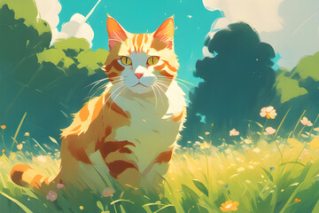 Cat on the meadow. Generative AI