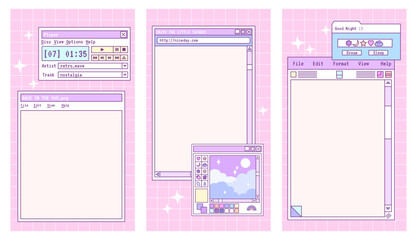 Linear vaporwave stories template. Social media set design. Abstract retro aesthetic cute kawaii backgrounds pack  90s, 00s. Girly y2k style.