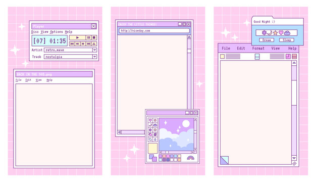 Linear vaporwave stories template. Social media set design. Abstract retro aesthetic cute kawaii backgrounds pack  90s, 00s. Girly y2k style.