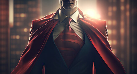 Businessman, superman - concept of entrepreneurship and leadership qualities. Man in suit symbolizes authority, idea of powerful ability to overcome difficulties and lead team to success - obrazy, fototapety, plakaty