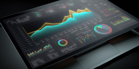 Modern computer with financial charting, analytics and statistics. High performance, technology and trading sets in motion wave of innovation, opening up new perspectives for exchange market