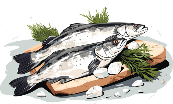 Wild Alaskan pollock on wooden plate vector illustration